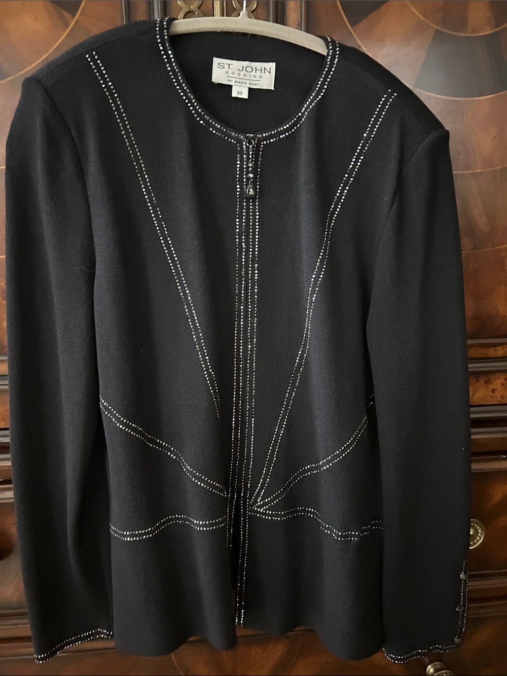 St. John Black Knit Blazer with Silver Bead Accents